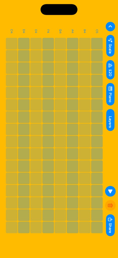 Melory Melody mode: step sequencer with piano rows, scale and tempo controls, and layer tools